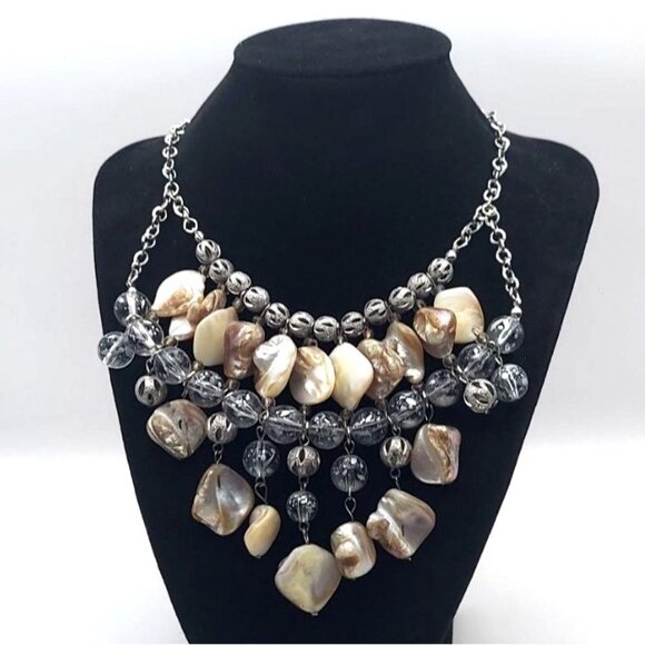 Structured Mother Of Pearl Shell Beaded Silvertone Adjustable Statement Necklace - Picture 1 of 6